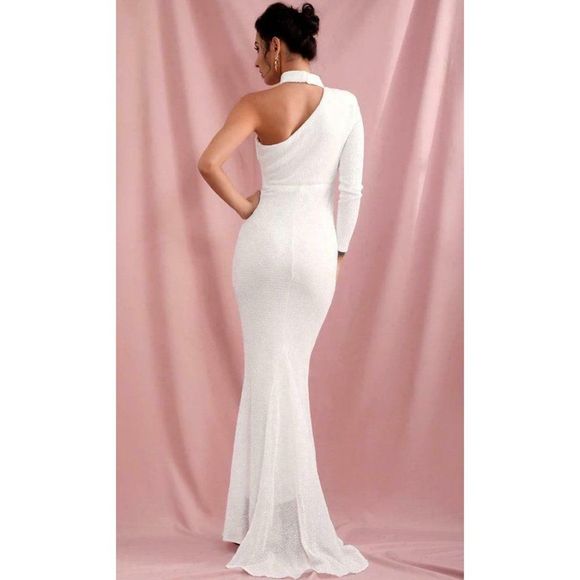 White Sequin Long Sleeve One Shoulder Mock Neck Bodycon Mermaid Maxi Dress NWT - Picture 6 of 8